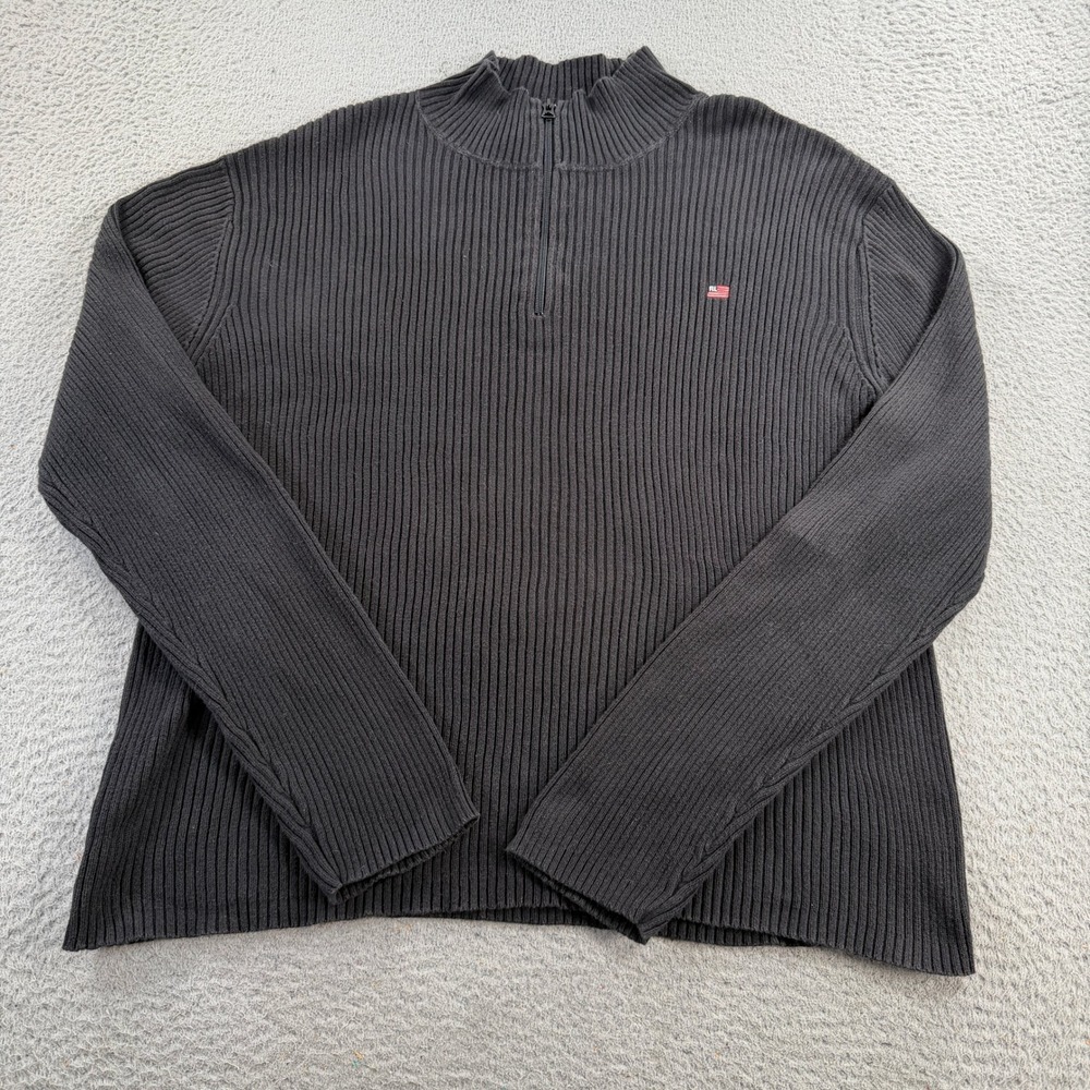 Polo Jeans Co Ralph Lauren Sweater Mens XL Black Quarter Zip Ribbed USA Flag